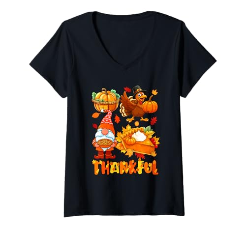Damen Thankful Thanksgiving Autumn GNOME Pumpkin Pie Turkey T-Shirt mit V-Ausschnitt Damen Thankful Thanksgiving Autumn GNOME Pumpkin Pie Turkey T-Shirt mit V-Ausschnitt von Family Lover Thanksgiving Costume