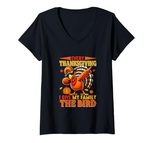 Damen Thanksgiving Joke Give My Family The Bird Dabbing Turkey T-Shirt mit V-Ausschnitt Damen Thanksgiving Joke Give My Family The Bird Dabbing Turkey T-Shirt mit V-Ausschnitt von Family Lover Thanksgiving Costume