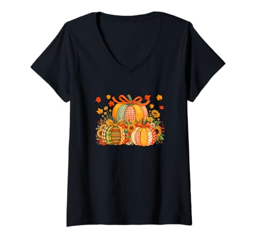 Damen Three Colorful Pumpkins Bow Tie Autumn Flowers Thanksgiving T-Shirt mit V-Ausschnitt von Family Lover Thanksgiving Costume