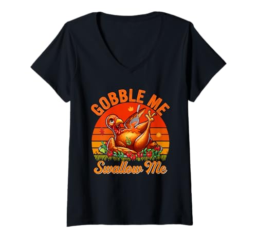 Damen Vintage Gobble Funny Swallow Thanksgiving Roasted Turkey T-Shirt mit V-Ausschnitt Damen Vintage Gobble Funny Swallow Thanksgiving Roasted Turkey T-Shirt mit V-Ausschnitt von Family Lover Thanksgiving Costume