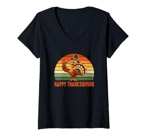 Damen Vintage Happy Thanksgiving Turkey Funny Pilgrim Lover Family T-Shirt mit V-Ausschnitt Damen Vintage Happy Thanksgiving Turkey Funny Pilgrim Lover Family T-Shirt mit V-Ausschnitt von Family Lover Thanksgiving Costume