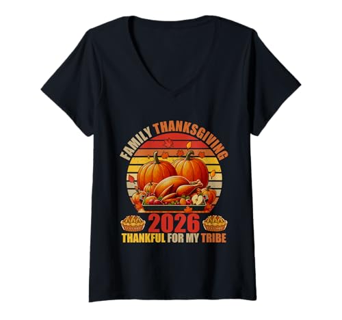 Damen Vintage Retro Family Thanksgiving 2026 Thankful for Tribe T-Shirt mit V-Ausschnitt Damen Vintage Retro Family Thanksgiving 2026 Thankful for Tribe T-Shirt mit V-Ausschnitt von Family Lover Thanksgiving Costume