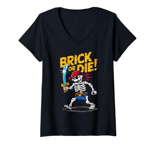 Damen Halloween Bricks Pirat Skelett Bausteine Bauspielzeug T-Shirt mit V-Ausschnitt Damen Halloween Bricks Pirat Skelett Bausteine Bauspielzeug T-Shirt mit V-Ausschnitt von Family Master Builder Birthday Kids Toddler Gifts