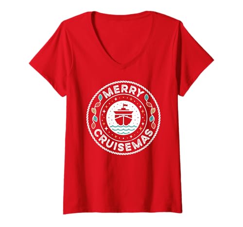 Damen Passende Pyjamas Weihnachtsbeleuchtung für Familienkreuzfahrten von Merry Cruisemas T-Shirt mit V-Ausschnitt Damen Passende Pyjamas Weihnachtsbeleuchtung für Familienkreuzfahrten von Merry Cruisemas T-Shirt mit V-Ausschnitt von Family Matching Christmas Pajamas Women Men Kids