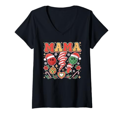 Damen Passendes süßes Weihnachts-Mama-Family-Gesicht im Retro-Look T-Shirt mit V-Ausschnitt von Family Matching Christmas Retro Holiday Outfit