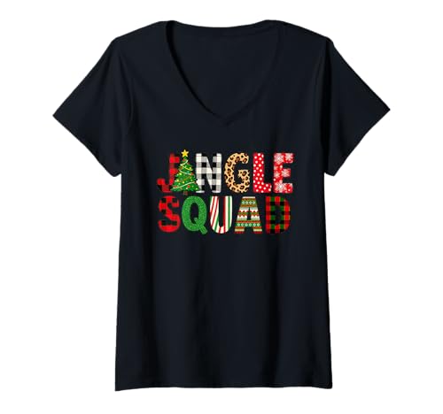 Damen Jingle Squad Festlicher Weihnachtspyjama T-Shirt mit V-Ausschnitt Damen Jingle Squad Festlicher Weihnachtspyjama T-Shirt mit V-Ausschnitt von Family Matching Xmas PJ Festive Holiday Design