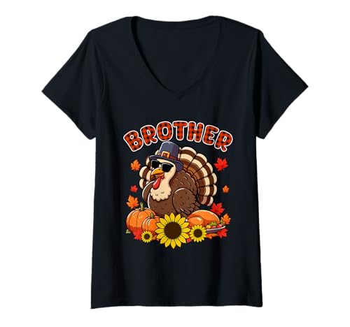 Damen Brother Thanksgiving Truthahn Sonnenbrille Herbst Kürbisse Floral T-Shirt mit V-Ausschnitt Damen Brother Thanksgiving Truthahn Sonnenbrille Herbst Kürbisse Floral T-Shirt mit V-Ausschnitt von Family Men Thanksgiving Costume