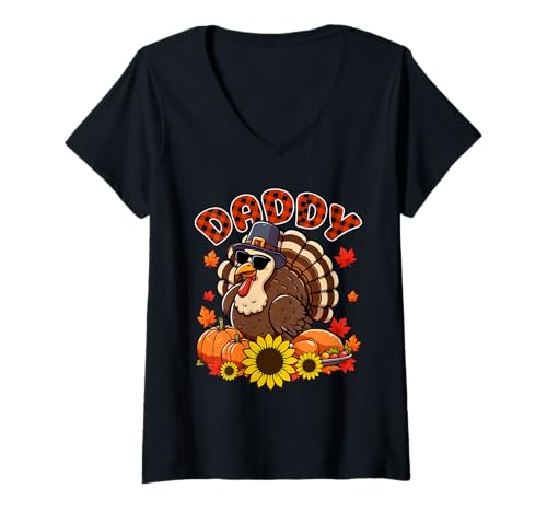 Damen Daddy Thanksgiving Truthahn Sonnenbrille Herbst Kürbisse Floral T-Shirt mit V-Ausschnitt von Family Men Thanksgiving Costume