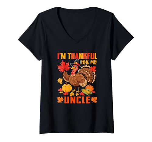 Damen Dankbar für Onkel Thanksgiving Herbst Türkei Lustige Familie T-Shirt mit V-Ausschnitt von Family Men Thanksgiving Costume