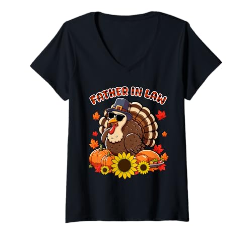 Damen Father In Law Thanksgiving Truthahn Sonnenbrille Herbst Kürbisse T-Shirt mit V-Ausschnitt von Family Men Thanksgiving Costume