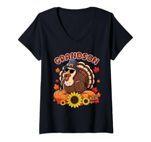 Damen Grandson Thanksgiving Truthahn Sonnenbrille Herbst Kürbisse Floral T-Shirt mit V-Ausschnitt von Family Men Thanksgiving Costume