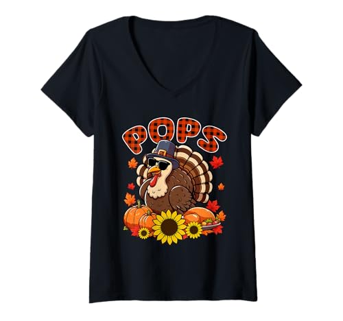 Damen Pops Thanksgiving Truthahn Sonnenbrille Herbst Kürbisse Floral T-Shirt mit V-Ausschnitt von Family Men Thanksgiving Costume