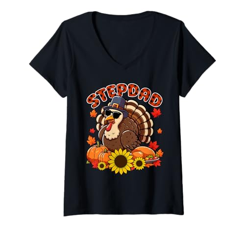 Damen Stepdad Thanksgiving Truthahn Sonnenbrille Herbst Kürbisse Floral T-Shirt mit V-Ausschnitt Damen Stepdad Thanksgiving Truthahn Sonnenbrille Herbst Kürbisse Floral T-Shirt mit V-Ausschnitt von Family Men Thanksgiving Costume