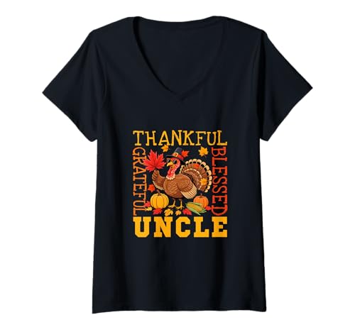Damen Thankful Grateful Proud Blessed Uncle Thanksgiving Turkey T-Shirt mit V-Ausschnitt Damen Thankful Grateful Proud Blessed Uncle Thanksgiving Turkey T-Shirt mit V-Ausschnitt von Family Men Thanksgiving Costume