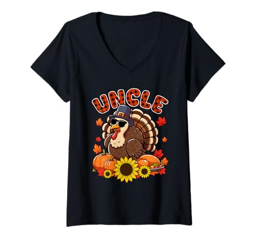 Damen Uncle Thanksgiving Truthahn Sonnenbrille Herbst Kürbisse Floral T-Shirt mit V-Ausschnitt Damen Uncle Thanksgiving Truthahn Sonnenbrille Herbst Kürbisse Floral T-Shirt mit V-Ausschnitt von Family Men Thanksgiving Costume