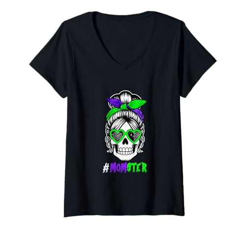 Damen Mom Funny Joke Monster Halloween Skull Sunglasses Bow Tie T-Shirt mit V-Ausschnitt Damen Mom Funny Joke Monster Halloween Skull Sunglasses Bow Tie T-Shirt mit V-Ausschnitt von Family Mom Halloween Costume