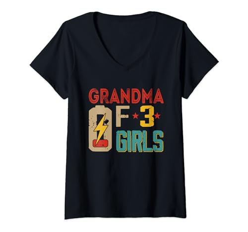 Damen Grandma Of 3 Adorable Kid Girls Costume Battery Mother's Day T-Shirt mit V-Ausschnitt von Family Mother's Day Costume