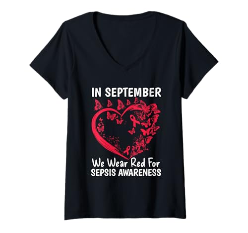 Damen Im September tragen wir Rot für Sepsis Bewusstsein Männer Frauen T-Shirt mit V-Ausschnitt Damen Im September tragen wir Rot für Sepsis Bewusstsein Männer Frauen T-Shirt mit V-Ausschnitt von Family September Sepsis Awareness Butterfly Gifts