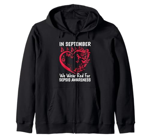 Im September tragen wir Rot für Sepsis Bewusstsein Männer Frauen Kapuzenjacke Im September tragen wir Rot für Sepsis Bewusstsein Männer Frauen Kapuzenjacke von Family September Sepsis Awareness Butterfly Gifts