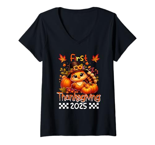 Damen First Thanksgiving 2025 Turkey Pumpkins Lover Kids Toddler T-Shirt mit V-Ausschnitt von Family Thanksgiving Costume