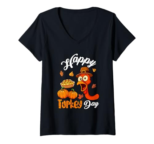 Damen Happy Thanksgiving Turkey Day Funny Turkey Face Pumpkin Pie T-Shirt mit V-Ausschnitt von Family Thanksgiving Costume