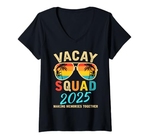 Damen Vacay Squad 2025 Sommerurlaub Familie Freunde Trip Palm T-Shirt mit V-Ausschnitt Damen Vacay Squad 2025 Sommerurlaub Familie Freunde Trip Palm T-Shirt mit V-Ausschnitt von Family Vacation 2025 Beach Summer Palm Trees