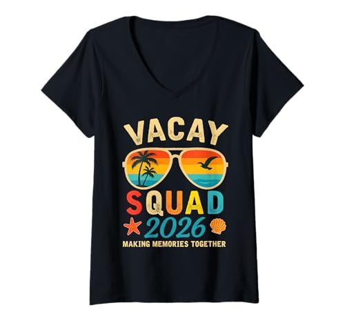 Damen Vacay Squad 2026 Sommerurlaub Familie Freunde Trip Palm T-Shirt mit V-Ausschnitt Damen Vacay Squad 2026 Sommerurlaub Familie Freunde Trip Palm T-Shirt mit V-Ausschnitt von Family Vacation 2026 Beach Summer Palm Trees