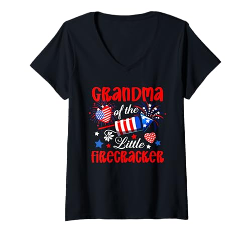 Damen Grandma Of The Little Firecracker 4th Of July Expecting Baby T-Shirt mit V-Ausschnitt von Family Women 4th Of July Costume
