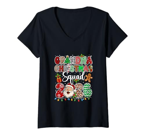 Damen Grandma Christmas Crew 2026 Lustiger Weihnachtsmann, Familiengruppe, Leopardenmuster T-Shirt mit V-Ausschnitt von Family Women Christmas Costume