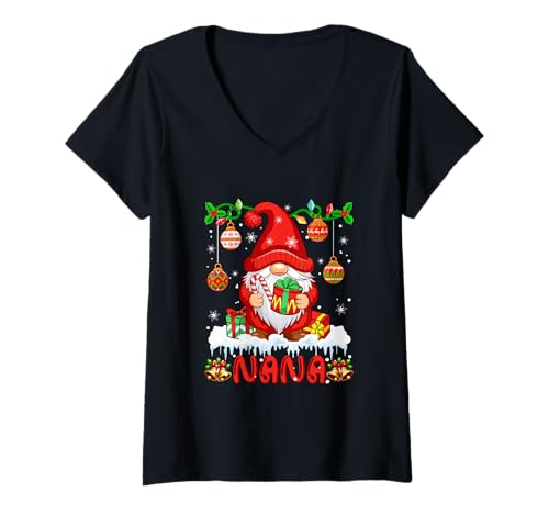Damen Nana Weihnachtswichtel, Bunte Lichter, passende Familiengruppe T-Shirt mit V-Ausschnitt von Family Women Christmas Costume