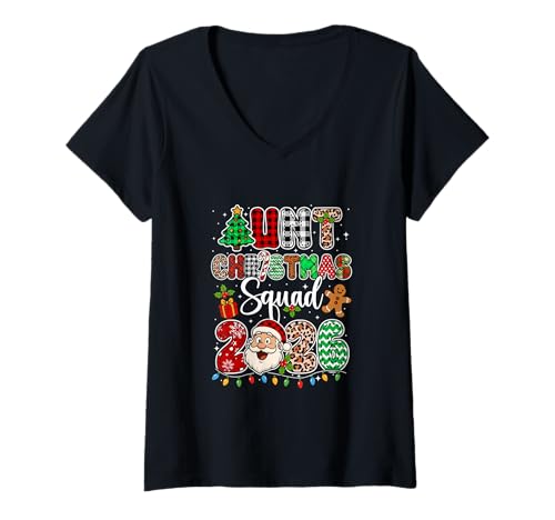 Damen Tante Christmas Crew 2026 Lustiger Weihnachtsmann, Familiengruppe mit Leopardenmotiv T-Shirt mit V-Ausschnitt von Family Women Christmas Costume