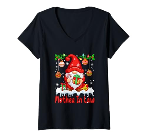 Damen Weihnachtswichtel für Schwiegermutter, Bunte Lichter, lustige Familie T-Shirt mit V-Ausschnitt von Family Women Christmas Costume
