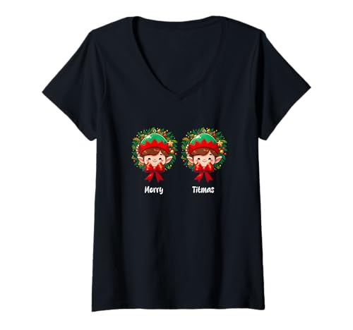 Damen Merry Christmas Funny Joke Bra Women Costume Two Cute Elf T-Shirt mit V-Ausschnitt Damen Merry Christmas Funny Joke Bra Women Costume Two Cute Elf T-Shirt mit V-Ausschnitt von Family Women Christmas In July Costume