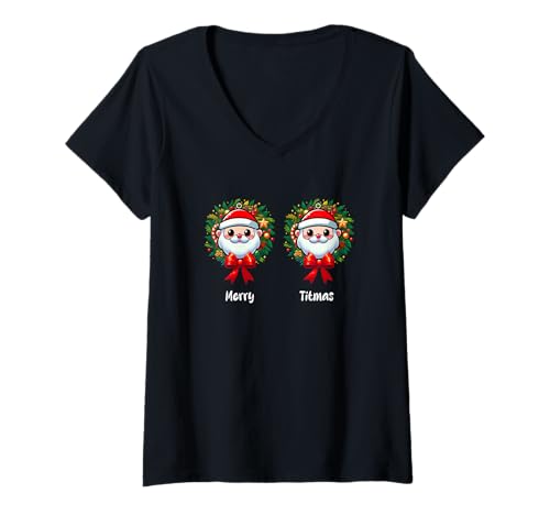 Damen Merry Christmas Funny Joke Bra Women Costume Two Cute Santa T-Shirt mit V-Ausschnitt von Family Women Christmas In July Costume