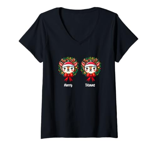 Damen Merry Christmas Funny Joke Bra Women Two Cute Reindeer T-Shirt mit V-Ausschnitt von Family Women Christmas In July Costume