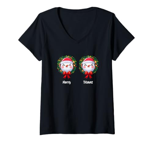 Damen Merry Christmas Funny Joke Bra Women Two Cute Snowmen T-Shirt mit V-Ausschnitt von Family Women Christmas In July Costume