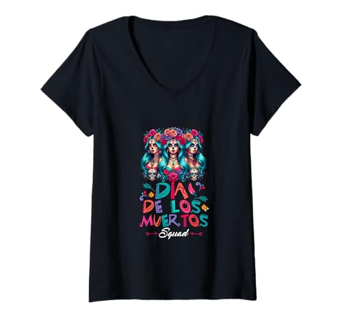 Damen Dia De Los Muertos Squad Three Mexican Women Floral Skulls T-Shirt mit V-Ausschnitt Damen Dia De Los Muertos Squad Three Mexican Women Floral Skulls T-Shirt mit V-Ausschnitt von Family Women Dia De Los Muertos Costume
