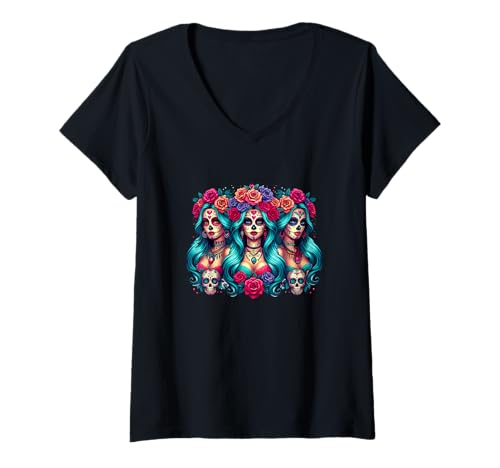 Damen Dia De Los Muertos Three Mexican Women Cosplay Floral Skulls T-Shirt mit V-Ausschnitt Damen Dia De Los Muertos Three Mexican Women Cosplay Floral Skulls T-Shirt mit V-Ausschnitt von Family Women Dia De Los Muertos Costume