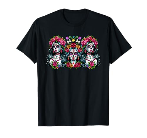 Three Floral Mexican Women Colorful Dia De Los Muertos T-Shirt Three Floral Mexican Women Colorful Dia De Los Muertos T-Shirt von Family Women Dia De Los Muertos Costume