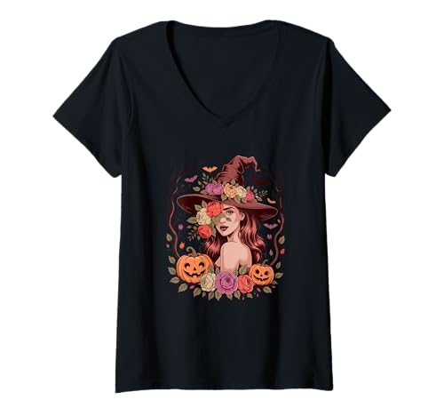 Damen Frau Mädchen Cosplay Hexe Halloween Blumen Geschnitzte Kürbisse T-Shirt mit V-Ausschnitt Damen Frau Mädchen Cosplay Hexe Halloween Blumen Geschnitzte Kürbisse T-Shirt mit V-Ausschnitt von Family Women Halloween Costume