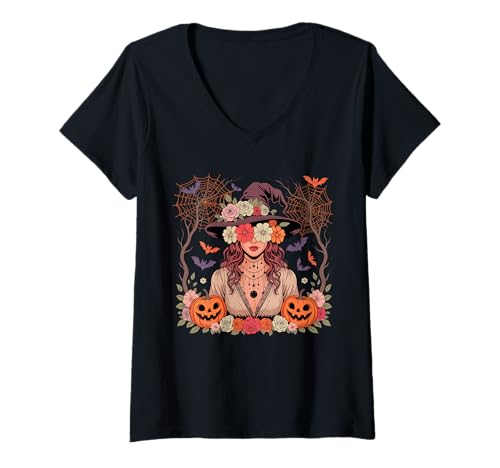 Damen Mädchen Cosplay Hexe Halloween Bunte Blumen Geschnitzte Kürbisse T-Shirt mit V-Ausschnitt Damen Mädchen Cosplay Hexe Halloween Bunte Blumen Geschnitzte Kürbisse T-Shirt mit V-Ausschnitt von Family Women Halloween Costume