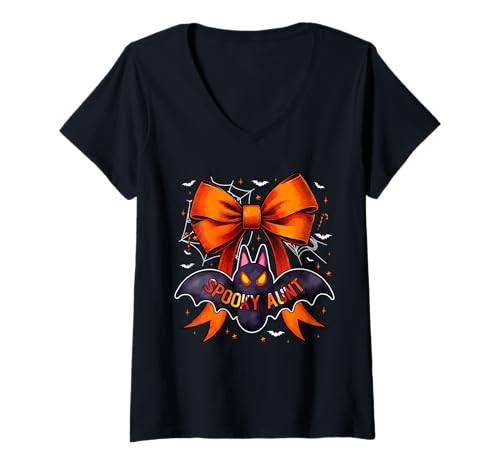 Damen Spooky Costume Aunt Halloween Horror Bat Bow Tie Family T-Shirt mit V-Ausschnitt Damen Spooky Costume Aunt Halloween Horror Bat Bow Tie Family T-Shirt mit V-Ausschnitt von Family Women Halloween Costume