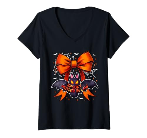 Damen Spooky Costume Mother In Law Halloween Horror Bat Bow Tie T-Shirt mit V-Ausschnitt Damen Spooky Costume Mother In Law Halloween Horror Bat Bow Tie T-Shirt mit V-Ausschnitt von Family Women Halloween Costume
