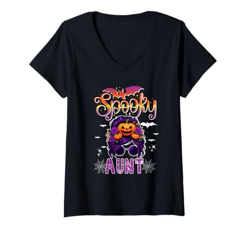 Damen Spooky Halloween Aunt Women Messy Bun Hair Sunglasses T-Shirt mit V-Ausschnitt Damen Spooky Halloween Aunt Women Messy Bun Hair Sunglasses T-Shirt mit V-Ausschnitt von Family Women Halloween Costume