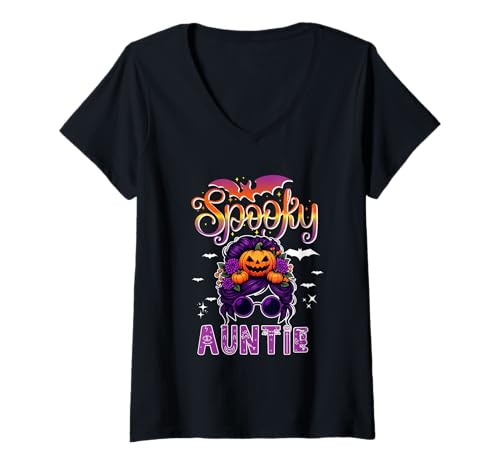 Damen Spooky Halloween Auntie Women Messy Bun Hair Sunglasses T-Shirt mit V-Ausschnitt Damen Spooky Halloween Auntie Women Messy Bun Hair Sunglasses T-Shirt mit V-Ausschnitt von Family Women Halloween Costume