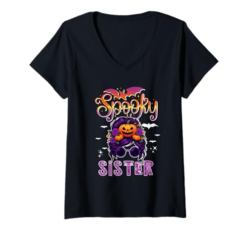 Damen Spooky Halloween Sister Women Messy Bun Hair Sunglasses T-Shirt mit V-Ausschnitt Damen Spooky Halloween Sister Women Messy Bun Hair Sunglasses T-Shirt mit V-Ausschnitt von Family Women Halloween Costume