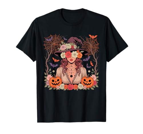 Mädchen Cosplay Hexe Halloween Bunte Blumen Geschnitzte Kürbisse T-Shirt Mädchen Cosplay Hexe Halloween Bunte Blumen Geschnitzte Kürbisse T-Shirt von Family Women Halloween Costume