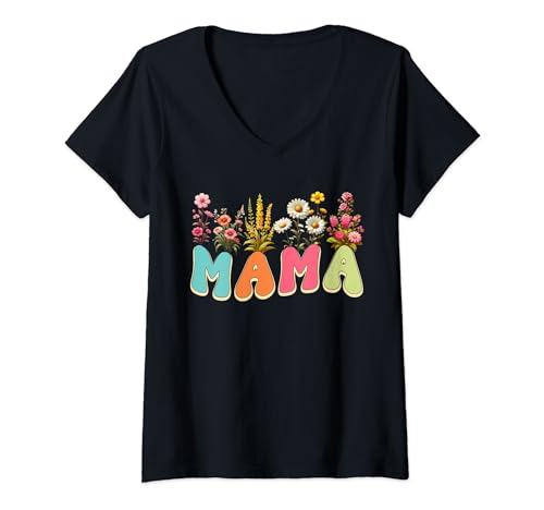 Damen Mama Costume Colorful Flowers Mother's Day Family Lover T-Shirt mit V-Ausschnitt von Family Women Mother's Day Costume