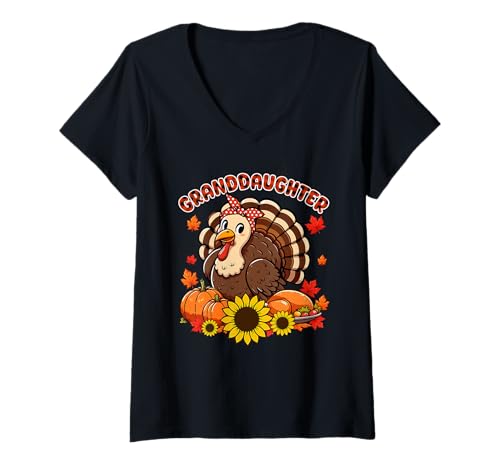 Damen Granddaughrer Thanksgiving Truthahn Fliege Herbst Kürbisse T-Shirt mit V-Ausschnitt von Family Women Thanksgiving Costume