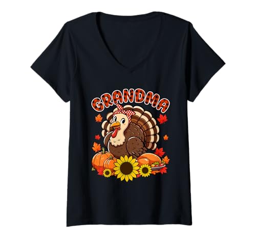 Damen Grandma Thanksgiving Truthahn Fliege Herbst Kürbisse Floral T-Shirt mit V-Ausschnitt von Family Women Thanksgiving Costume